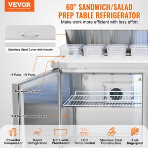 60\" Commercial Stainless Steel Refrigerator Sandwich Salad <b>Prep</b> <b>Table</b> 16.4 Cu. Ft. Commercial <b>Kitchen</b> Refrigeration Equipment - Product Image 2