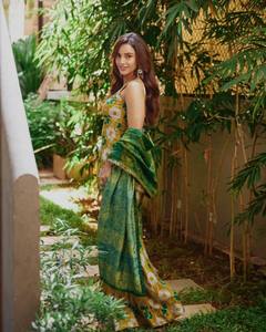 <b>Women</b> Yellow Floral Printed <b>Kurta</b> Palazzo Set with Green Dupatta | Designer Indian Ethnic Wear | Festive Party Outfit - Product Image 1