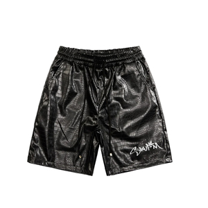 Shorts en cuir synthétique imitation crocodile personnalisés pour hommes, streetwear hip hop, coupe ample, taille élastique, shorts cargo d'été - Product Image 1