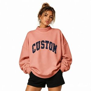 Sweat-shirt oversize pour femme à col ras du cou, imprimé lettres, en coton et fibre de bambou, style automne, col montant, couleur pêche - Product Image 4