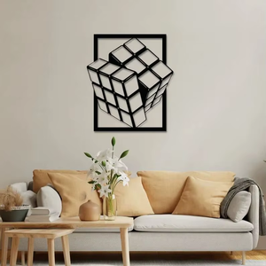 Décoration murale en métal 3D en forme de cube, art mural géométrique moderne inspiré des puzzles, fait main, décoration d'intérieur, découpe au laser noire, suspension murale en métal - Product Image 1