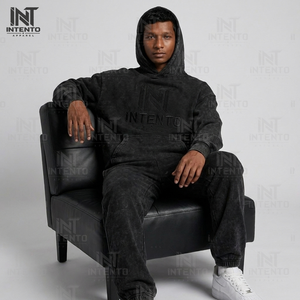 Conjunto Deportivo Informal de Dos Piezas para Hombre INTENTO, Sudadera con Capucha y Cordón Ajustable, Logotipo Frontal, Corte Holgado, Color Negro Lavado, Pantalones Deportivos, Otoño - Product Image 4