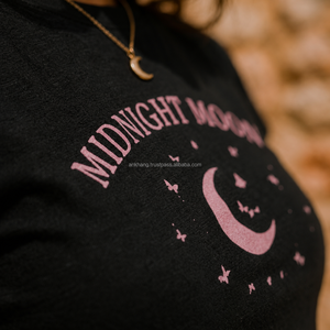 Camiseta Corta Negra para Mujer, Estampado Luna de Medianoche, Manga Corta, Cuello Redondo, Informal, 100% Algodón Jersey, para Primavera/Verano - Product Image 5
