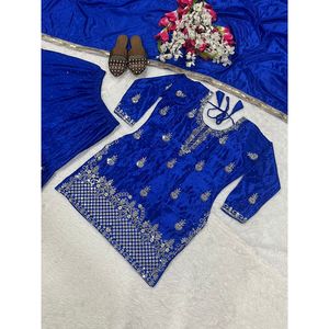 Ensemble élégant jaune en polyester de créateur, comprenant un haut de soirée Salwar Kameez, un pantalon Sharara Plazzo et une dupatta, taille M - Product Image 3