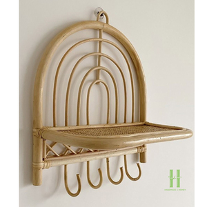 Eco-Friendly Wicker Rattan Wall Shelf with Hooks, Handcrafted Hanging Rack for Keys, Hats, Bags, <b>Kitchen</b> and Bathroom Storage - Product Image 2