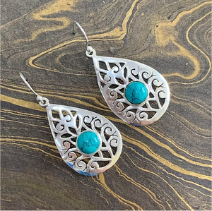 Dainty <b>Solid</b> 925 <b>Silver</b> Turquoise Gemstone Drop <b>Earrings</b> Traditional Filigree High Polished Jewelry Occasion Wear - Product Image 3