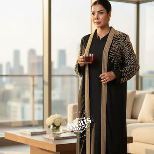 Venta al por mayor AWAIS HOUSE - Conjunto de lujo de 2 piezas para mujer musulmana, modesto, sencillo, de terciopelo liso con cuentas, lavable, túnica larga hasta el suelo, corte en A - Product Image 6