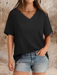T-shirts pour femmes 100% Coton Haute Qualité, Tricotés Teints Unis, Manches Courtes, Col en V, Coupe Ample, Sport, 2026 - Product Image 3