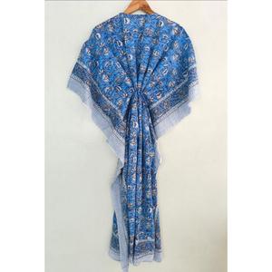 Elegante Vestido Kaftán de Algodón con Estampado Floral Azul, Estilo Bohemio, Holgado, Informal, Largo, para Mujer - Product Image 1