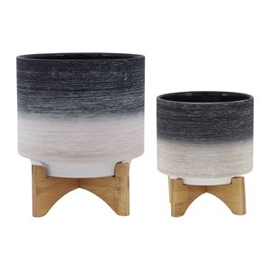 Cerámica S/2 8/10 \ "Maceta gris sobre soporte de madera Elegante maceta y soporte Combo - Product Image 1
