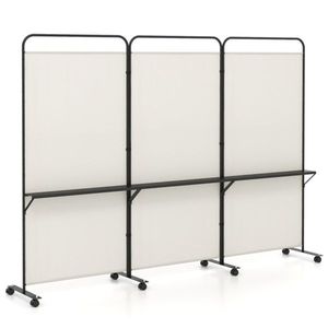 Divisorio Pieghevole Personalizzabile a 3 Pannelli in Bambù e Tela con Ruote Bloccabili e 3 Ripiani Metallici, Schermo Divisorio Bianco per Stanze - Product Image 2