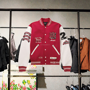 Men's Varsity <b>Jacket</b> Red <b>White</b> Embroidered Letter M Front Turn-down Collar Single Breasted Autumn Preppy Style - Product Image 2