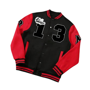 Black Red College Baseball Hooded Quilted <b>Jacket</b> Unisex Warm 100% Cotton Varsity Style Outerwear Zipper Front Breathable - Product Image 1