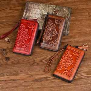 New High Quality Designer Genuine Leather Hand Tooled Florals Carved Clutch <b>Wallet</b> Vintage Multi Color <b>Lady</b> Portable Waterproof - Product Image 4