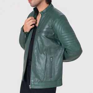 Icon by Gilani Men’s Bottle Green Biker Leather <b>Jacket</b> - Moto Cafe <b>Racer</b> <b>Jacket</b> - Product Image 3