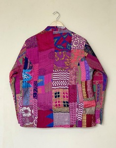 Nivisaa Indian Handmade Reversible Patchwork Kantha Quilted Wool Jacket Boho Streetwear <b>Coat</b> Womens Winter Vintage Puff Sleeve - Product Image 4