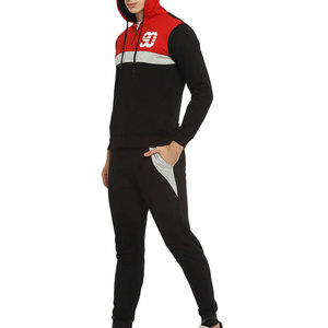 Men's Hooded Tracksuit <b>Set</b> Black Red Color Blocking Full Sleeve Casual Sweatshirt And Pants With Drawstring Closure - Product Image 2