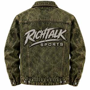 Men's Distressed Denim <b>Jacket</b> with <b>Sequined</b> Logo Casual Button Fly Regular Fit Winter Streetwear Waterproof Cotton Woven Coat - Product Image 2