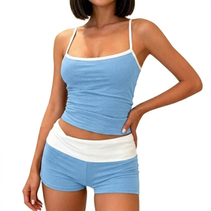 Conjunto de Top Corto y Pantalones Cortos de Punto Casual de Verano para Mujer, con Cordón Ajustable, Liso, Estilo Loungewear, Venta al por Mayor - Product Image 5