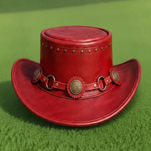 Sombrero de copa de cuero rojo hecho a mano de primera calidad, estilo Steampunk, gótico, occidental, para cosplay. - Product Image 4