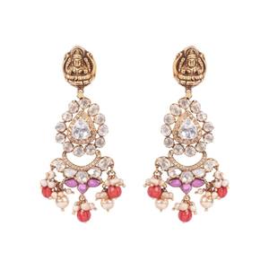 Magníficos pendientes Chandbalis de plata de ley 925 con diseño de Mahalakshmi, en oro antiguo, con perlas rojas y gotas de coral para mujer. - Product Image 2