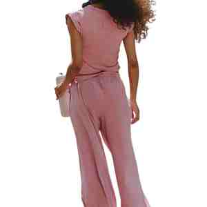 Stretch Knitted Activewear Women's 2-Piece Pink Sporty <b>Set</b> Short Sleeve Crop Top Full Length Pants Breathable Summer Workout <b>Set</b> - Product Image 2