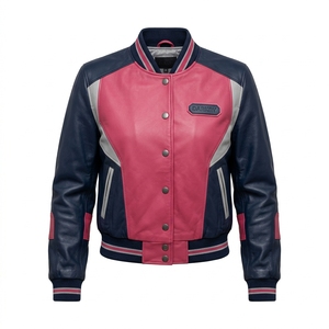 Pink Navy <b>Women</b> Genuine Leather <b>Bomber</b> <b>Varsity</b> <b>Jacket</b> Custom Sleeve Stripe Ribbed Trim OEM Factory Offer Service Provider - Product Image 1