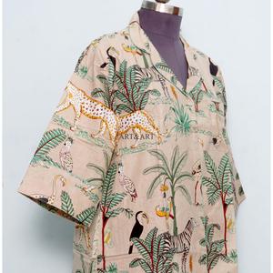 Vestidos casuales bohemios indios para mujer, 100% algodón, tejido con estampado de jungla, manga larga, cuello en V, dobladillo recto, lavable, con botones. - Product Image 4