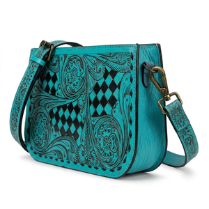 2026 Turquoise Genuine Leather Lightweight Shoulder Bag Floral Tooling Diamond Lattice Pattern Single Strap Zip Closure Bohemian - Product Image 2