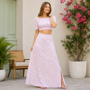 Women's Floral Print Two Piece <b>Maxi</b> <b>Skirt</b> Set Off Shoulder <b>Crop</b> <b>Top</b> & High Waist Summer Co-Ord Set OEM Custom Manufacturer - Product Image 3