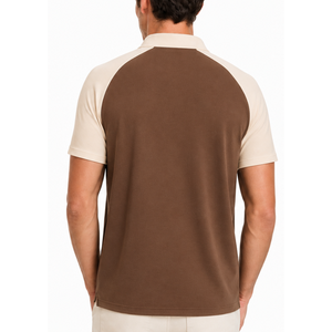 Polo élégant et tendance pour homme, col quart zippé, manches courtes, marron beige bicolore, style golf. - Product Image 4