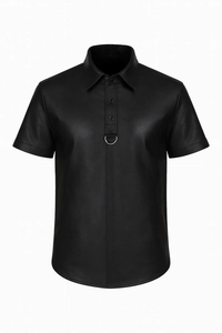 Men's <b>Black</b> leather Short Sleeve <b>Dress</b> Shirt With <b>Button</b> Down Collar And Ring Detail Gothic Style Summer Wear - Product Image 2