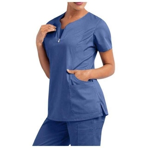 Women Blue <b>Scrub</b> <b>Top</b> Polyester Woven Hospital Uniform <b>Scrub</b> <b>Tops</b> - Product Image 1