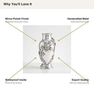 Vase à fleurs traditionnel en laiton fait main de 26 cm avec finition argentée et motif de vigne pour centre de table de mariage et décoration intérieure - Product Image 6