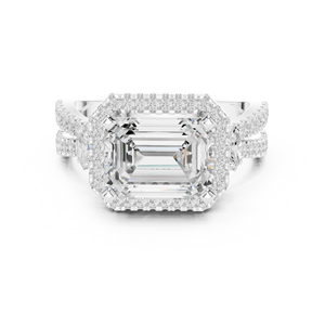 Anillo de compromiso de tres piedras con halo esmeralda Axis para mujer, oro de 10k/14k/18k/plata de ley, joyería con pavé dividido de oro y plata de laboratorio. - Product Image 2