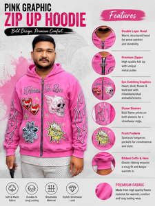 Custom <b>Pink</b> Rhinestone Graphic Zip <b>Hoodie</b> Unisex Regular Fit Formal 100% Cotton Eco-Friendly Breathable Flame Skull Heart - Product Image 6