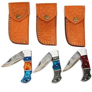 Juego de 3 cuchillos plegables de cobre damasco con mango de madera y funda de cuero, juego de cuchillos EDC CuMai con personalización OEM - Product Image 2