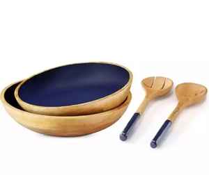 Tazón de servir de madera natural con estampado esmaltado y cucharas para ensaladas, frutas, sopa, vajilla, tazón de servir de moda para utensilios de cocina - Product Image 5