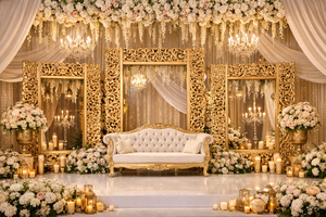 Decoración de Escenario para Ceremonia de Sari Indio del Sur, Decoración de Escenario de Boda Estilo Mughal Premium, Tema Bollywood, Desmontable - Product Image 4