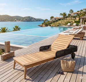Chaise longue de luxe en teck pour extérieur, lit de jardin moderne, lit de soleil en corde synthétique, mobilier de patio inclinable pour plage et piscine - Product Image 1