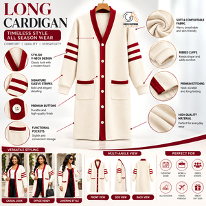 Alpha Kapa Wholesale Women's Long <b>Cardigan</b> Plus Size Cream Red Stripes Button Front Casual Autumn Sweater V-Neck Full Sleeve - Product Image 5
