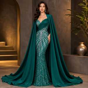 Vestido de Noche Verde Esmeralda con Lentejuelas, Estilo Sirena, para Mujer, con Capa Desmontable, Diseño Premium, Vestido Largo Formal, para Cóctel, sin Tirantes - Product Image 1
