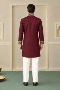 Men's Maroon Embroidered <b>Silk</b> <b>Kurta</b> White Churidar Wedding Indian/Pakistani Traditional Wear Ankle-Length Regular Fit Quick Dry - Product Image 2