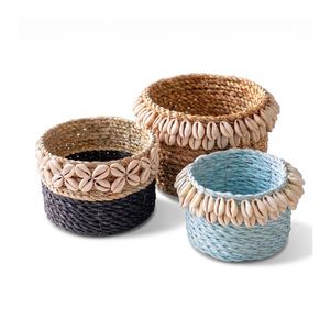 Cesta de Almacenamiento de Fibra Natural con Adornos de Conchas de Cauri, Hecha a Mano, Ecológica, Organizador de Escritorio, Decoración Costera para Baño - Product Image 1