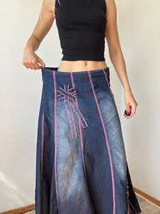 Women's Denim Maxi <b>Skirt</b> Asymmetric <b>Patchwork</b> Embroidery A-Line Loose Fit Stonewashed Cotton Casual Autumn Wear - Product Image 6