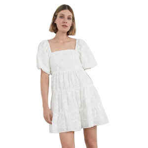 White Women's A-Line <b>Mini</b> Dress with <b>Bubble</b> Sleeves Shirring at Back & Side Zip-Floral Embroidery Embrace the Warm Weather - Product Image 1