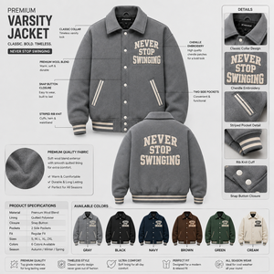 Chaqueta Varsity Gris Sólida para Hombre KP International con Parches Bordados Never Stop Swinging, Estilo Preppy, Corte Regular, Ropa de Invierno - Product Image 5