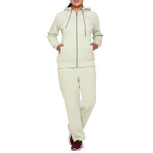 Conjunto Deportivo para Mujer, Talla Grande, Color Crema, con Capucha, Manga Larga, Diseño Sólido, Corte Holgado Informal, Sudadera y Pantalones con Bolsillos Laterales - Product Image 1