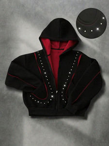 OEM Men Fashion Black <b>Rhinestone</b> Logo Hoodies <b>Jacket</b> Custom Colour Available Wholesale Men Zip Up Casual Contrast Piping Hoodies - Product Image 2