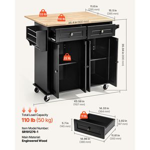 Carrello da Cucina Moderno in Rovere con Isola e Spazio di Archiviazione, Larghezza 110,6 cm, Carrello Mobile con 2 Cassetti e Armadietto - Product Image 3